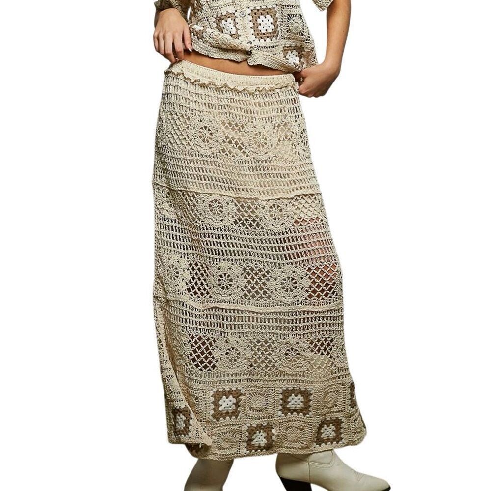 Boho Crochet Maxi Skirt Cream Black Granny Square Patchwork Long Knit Skirt OS - Picture 4 of 7